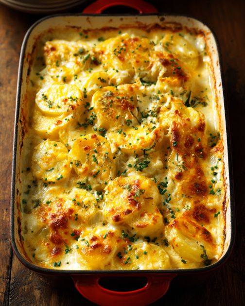 Krämig bakad potatis- och kycklinggratäng
