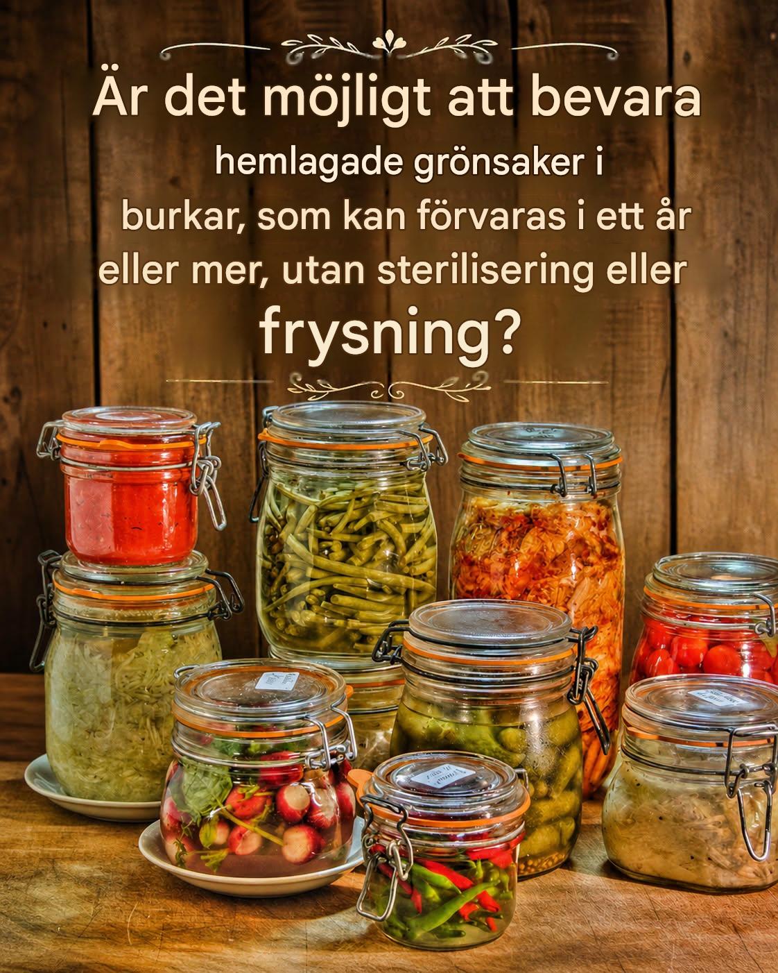 Är det möjligt att bevara hemlagade grönsaker i burkar, som kan förvaras i ett år eller mer, utan sterilisering eller frysning?