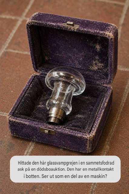 Hittade detta märkliga svampformade glasföremål i en sammetsfodrad låda för dödsbouppteckning. Det har en metallkontakt på undersidan, nästan som om den skulle anslutas till något. Någon aning om vilken typ av maskin eller enhet det tillhörde?